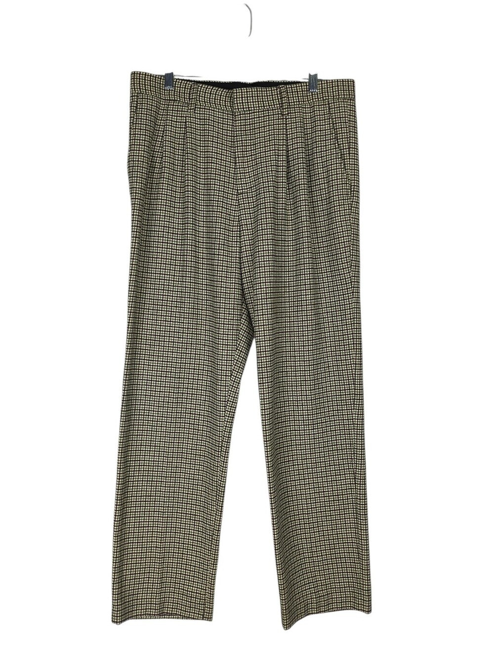 H&M Pants Men's 34 Green Brown Houndstooth Plaid Pleated Wool Blend Dress Pants